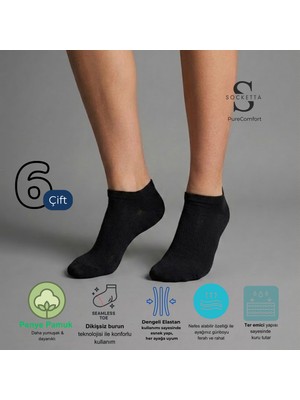Socketta Kadın Pamuklu Dikişsiz 6'lı Siyah Patik Çorap – Premium