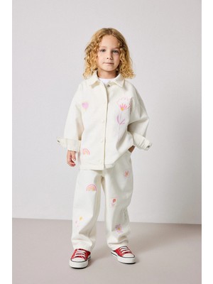 DeFacto %100 Pamuk Baggy Fit Gabardin İşlemeli Ekru Pantolon Kız Bebek H9302A526AU