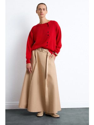 DeFacto Kemer Detaylı Pileli Regular Fit Twill Maxi Etek I2357AX26AU