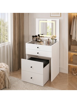 Homeizi Ebru Gizli Puflu LED Aynalı Makyaj Masası
