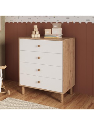 Bimossa N3010 Bunny Sepet-Beyaz 70 Cm, 4 Çekmeceli Yüksek Ayaklı Çocuk Odası Şifonyeri