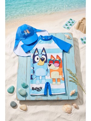 Neat Kids Erkek Çocuk Bluey Şapkalı Fermuarlı Kısa Kollu 2 Parça Mayo