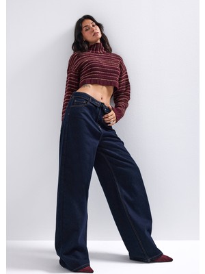 It's Basic Kadın Indigo Selvedge 7W6-50 Straight Fit Kemer Detaylı Denim Jean