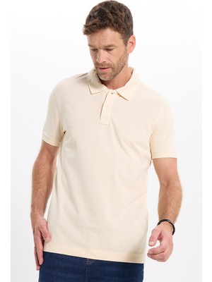 Tudors Erkek Slim Fit Dar Kesim %100 Pamuk Kısa Kollu Bej Polo Yaka Tişört