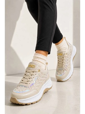 Slipcat Kadın, Hologram Detaylı, Kapitone Dokulu, Kalın Taban, Konforlu Sneaker Spor Ayakkabı