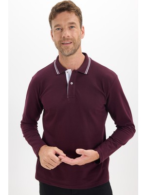 Tudors Erkek Slim Fit Dar Kesim %100 Pamuk Uzun Kollu Bordo Polo Yaka Tişört