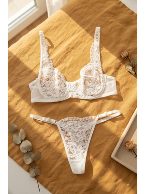 Maizen Beyaz Çiçekli Bralet Sütyen Takımı Tanga Külotlu Kadın Iç Çamaşırı Seti R1010505