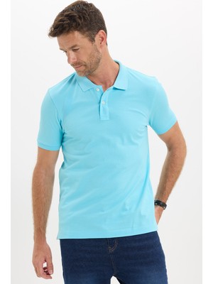 Tudors Erkek Slim Fit Dar Kesim Premium Seri %100 Pamuk Yumuşak Dokulu Merserize Mavi Polo Yaka Tişört