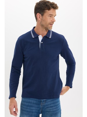 Tudors Erkek Slim Fit Dar Kesim %100 Pamuk Uzun Kollu Lacivert Polo Yaka Tişört
