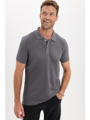 Tudors Erkek Slim Fit Dar Kesim Premium Seri %100 Pamuk Yumuşak Dokulu Merserize Gri Polo Yaka Tişört