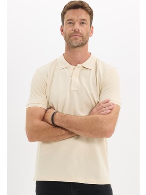 Tudors Erkek Slim Fit Dar Kesim Premium Seri %100 Pamuk Yumuşak Dokulu Merserize Bej Polo Yaka Tişört