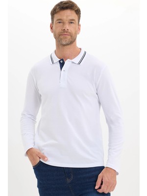 Tudors Erkek Slim Fit Dar Kesim %100 Pamuk Uzun Kollu Beyaz Polo Yaka Tişört