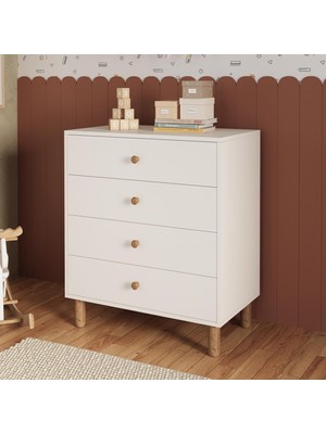 Bimossa N3040 Bunny Beyaz 70 Cm, 4 Çekmeceli Yüksek Ayaklı Çocuk Odası Şifonyeri