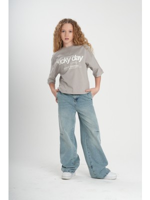 Haykids Kız Çocuk / Genç Kız Altı Büzgülü "lucky Day" Baskılı Oversize T-Shirt – Stoperli Salaş Tişört