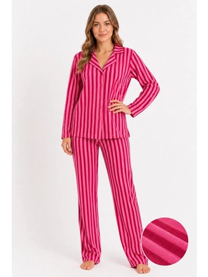 Fames Kadın Süet Mevsimlik Uzun Kol Pembe Pembe Çizgi Desen Pijama Takımı