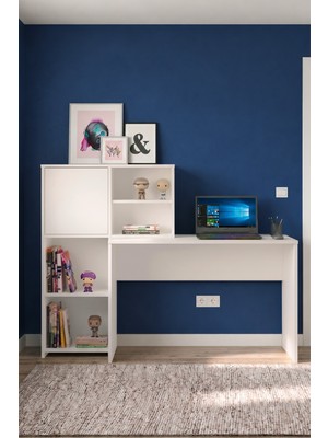 L'occi Concept  Martha Kitaplıklı Çalışma Masası  Dolaplı Bilgisayar Masası 120 cm Beyaz Mat1-W