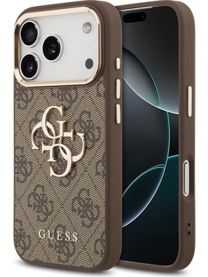 iPhone 18 Pro Max Kılıf Guess Lisanslı Gold Çerçeveli Metal Büyük 4g ve Yazı Logolu Kapak Kahverengi