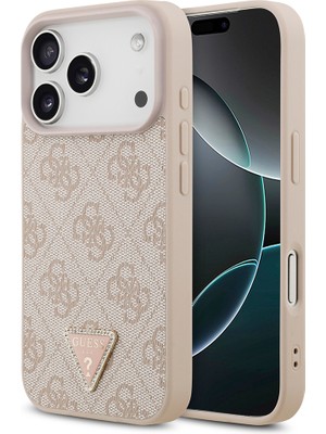 iPhone 18 Pro Kılıf Guess Lisanslı M-Safeli Pu Deri Taşlı Üçgen Logo 4g Desenli Strass Kapak Pembe