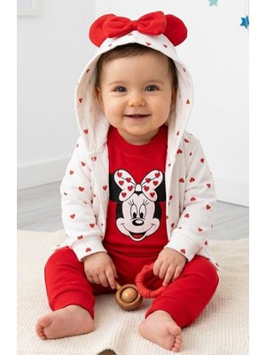 Milays Minnie Mouse Zıbınlı Kalpli Kapşonlu Hırkalı 3'lü Kız Bebek TAKIM.%100 Pamuk