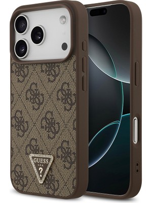 iPhone 18 Pro Kılıf Guess Lisanslı M-Safeli Taşlı Üçgen Logo 4g Desenli Strass Kapak Kahverengi