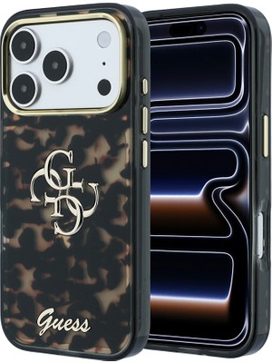 iPhone 18 Pro Max Kılıf Guess Lisanslı Yazı ve 4g Büyük Metal Logolu Silikon Kapak Siyah-Kahverengi