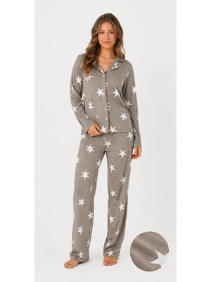 Fames Kadın Süet Mevsimlik Uzun Kol Bej Yıldız Çizgi Desen Pijama Takımı
