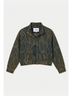 It's Basic Kadın Koyu Kot T-9W6-8 Oversize Bomber Özel Desen Taş Tasarım Denim Ceket