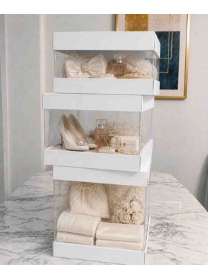 Rass Asetat Gelin&damat Çeyiz Bohça Kutusu Beyaz 3'lü Set 1 Takım Şeffaf Katlanabilir Demonte Söz Nişan Hediyelik Büyük 23,5*23,5*40CM Orta 23,5*23,5* 25CM Küçük 23,5*23,5*15CM