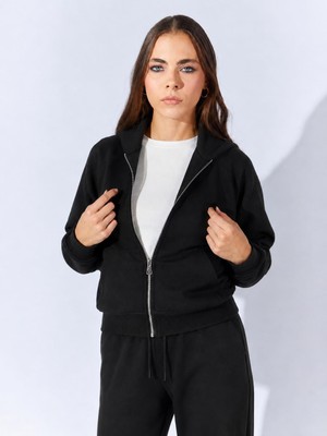 Tena Kadın Siyah Kapşonlu Fermuarlı Kanguru Cepli Sweatshirt
