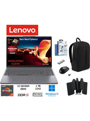 Lenovo ıdeapad Slim 3 Amd Ryzen 7 170(YENI Nesil) 32GB 1tb SSD W11 Pro 15.3"taşınabilir Bilgisayar 83K700PSTR Duddi Çanta+Mouse+Mousepad+Usbbellek+Temizlikkit