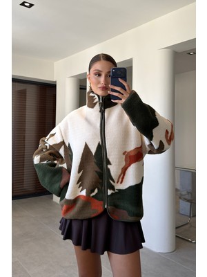 Magarde Premium Geyik Desenli Fermuarlı Polar- Haki