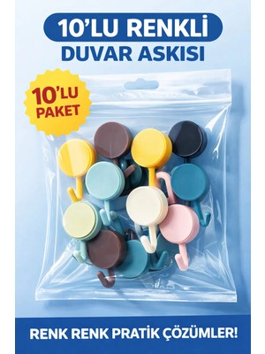 3D Sepetim 10 Adet Renkli Kendinden Yapışkanlı Banyo ve Mutfak Askılık Banyo Düzenleyici Duvar Dolap Askısı