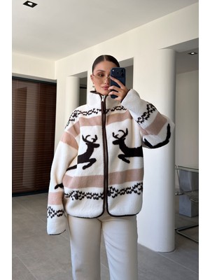Magarde Premium Geyik Desenli Fermuarlı Polar- Kahverengi