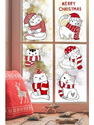 Brf Store Su Store Sevimli Noel Kedileri ve Kar Taneleri Yılbaşı Pencere Duvar Sticker Seti