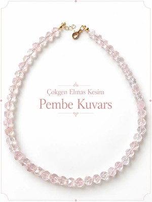 Cunda Doğal Taş Design Pembe Kuvars Doğal Taş Kolye Çokgen Kesim