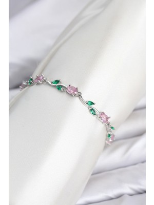 Aesco Pirinç Gümüş Renk Pembe Zirkon Taşlı Çiçek Model Kadın Bileklik