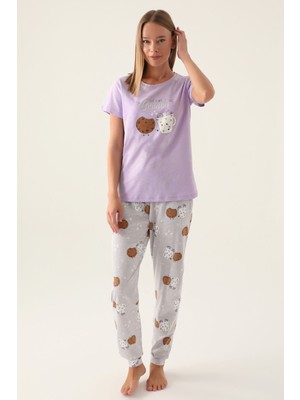Arnetta Kadın Bisiklet Yaka Yazlık Regular Fit Mor Pijama Takımı AR2884-S-V1