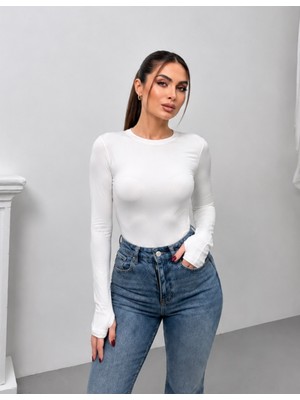 Msm Fashion Kadın Body Uzun Kollu Bisiklet Yaka Oyşo Kumaş Parmak Geçirme Detaylı Slim Fit Düz Bluz