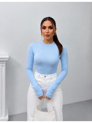 Msm Fashion Kadın Body Uzun Kollu Bisiklet Yaka Oyşo Kumaş Parmak Geçirme Detaylı Slim Fit Düz Bluz
