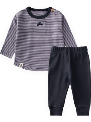 Cigit Çizgili Uzun Kollu Bebe Takım 0-3 Yaş Indigo Çizgili