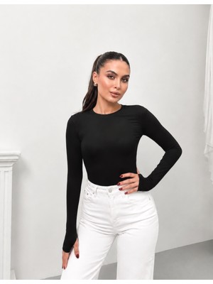 Msm Fashion Kadın Body Uzun Kollu Bisiklet Yaka Oyşo Kumaş Parmak Geçirme Detaylı Slim Fit Düz Bluz