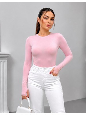 Msm Fashion Kadın Body Uzun Kollu Bisiklet Yaka Oyşo Kumaş Parmak Geçirme Detaylı Slim Fit Düz Bluz