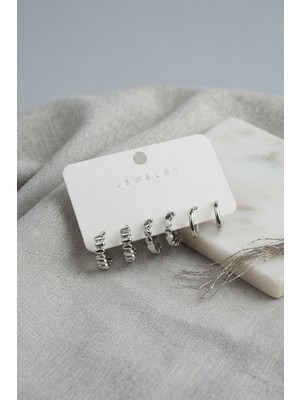 Cotton Soft Gümüş Renk Halka Model 6'lı Küpe Seti