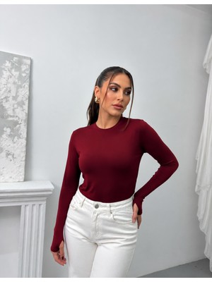 Msm Fashion Kadın Body Uzun Kollu Bisiklet Yaka Oyşo Kumaş Parmak Geçirme Detaylı Slim Fit Düz Bluz