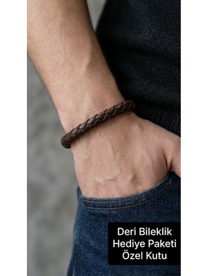 Herşey Nota Lunévia Metal Kilitli Örgü Deri Erkek Bileklik Kahverengi Premium Modeli