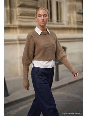 It's Basic Kadın Bej W6-57 Oversize Tek Parça Gömlek Yaka Detaylı Tasarım Triko Kazak
