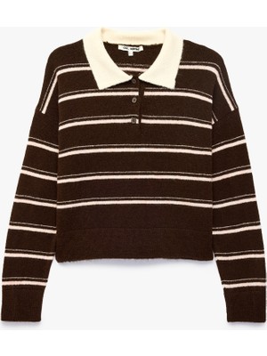 Koton Yumuşak Dokulu Düğmeli Uzun Kollu Polo Yaka Çizgili Crop Triko Kazak