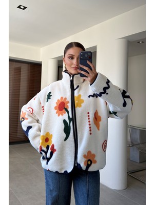 Magarde Premium Çiçek Desenli Fermuarlı Polar- Orange