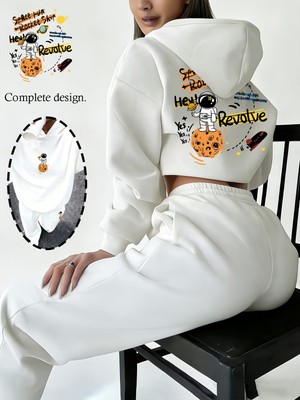 Macklin Unısex Kadın Erkek Revolve Astronot Baskılı Oversize Kapüşonlu Hoodie ve Baggy Eşofman Takımı