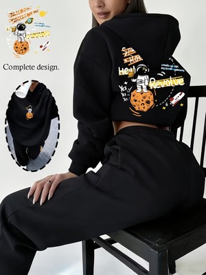 Macklin Unısex Kadın Erkek Revolve Astronot Baskılı Oversize Kapüşonlu Hoodie ve Baggy Eşofman Takımı